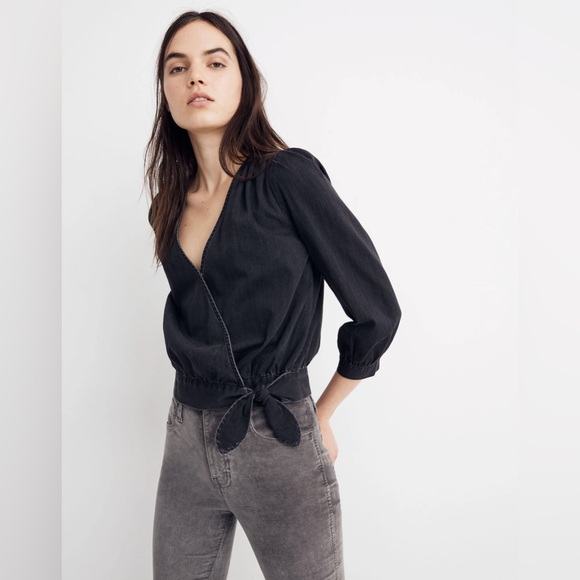 NWT Madewell Wrap Top in Black Denim - Picture 2 of 13